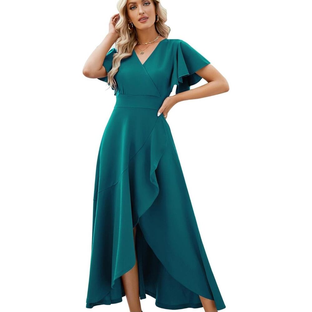 Formal Dress Womens Split V Neck Wrap Ruffle Evening Party Cocktail Dress 2XL